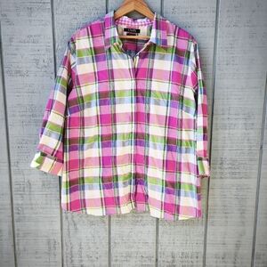 NWOT RL Chaps No-Iron Button Down Blouse Plaid Print sz 2X Pink Green Coastal Gr